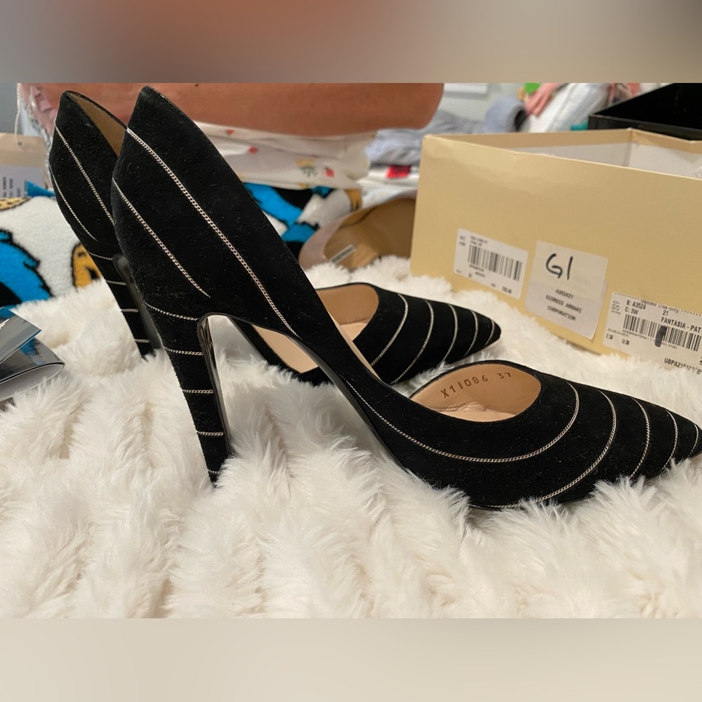 Authentic Girgio Armani black and silver stripes high heels